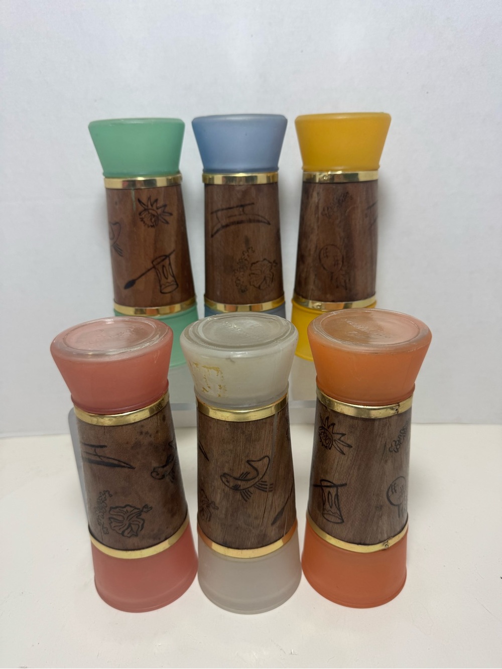 Vintage MCM Siesta tiki set of six highball glasses, pastel colors, walnut wrap